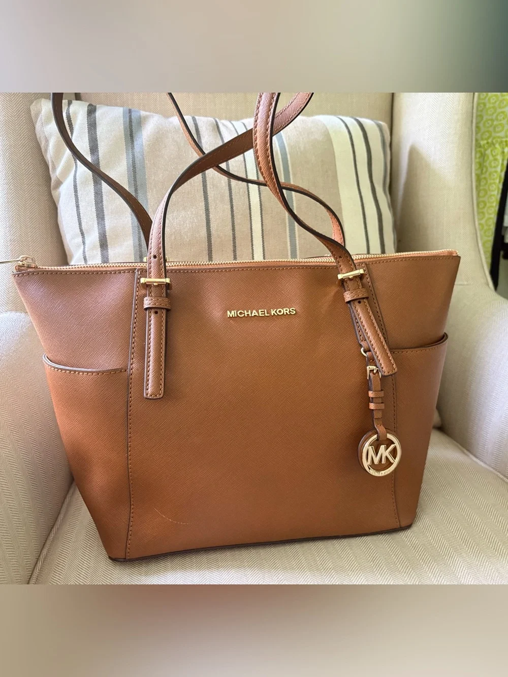 Michael Kors Tan Leather Saffiano Tote with Gold MK Charm